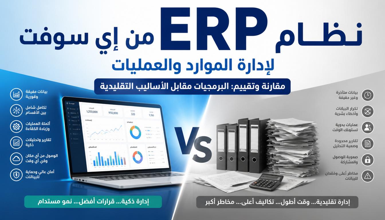 نظام إي سوفت ERP لإدارة الموارد والعمليات — مقارنة وتقييم: البرمجيات مقابل الأساليب التقليدية
